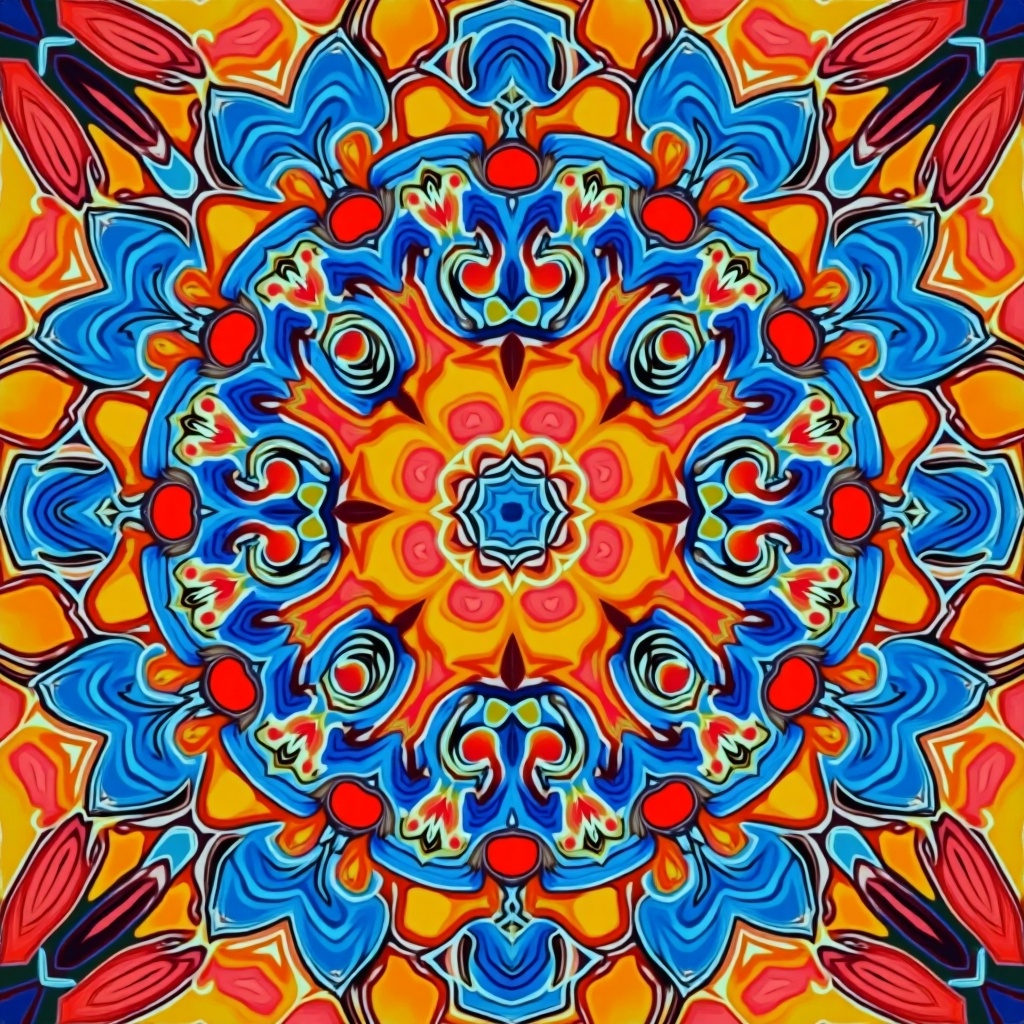 This image showcases a vibrant geometric pattern that embodies a sense of bliss. The design features intricate shapes arranged in a circular symmetrical formation. A vivid color palette of blues, reds, oranges, and yellows creates an engaging visual experience. The flowing forms and vivid hues suggest a dynamic and energetic aesthetic. Ideal for art lovers, this artwork can enhance any creative space.