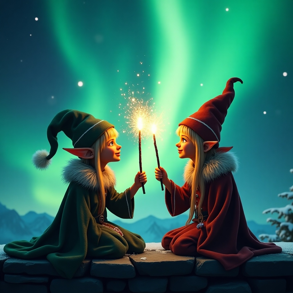 Two elves sitting on a stone ledge. They face each other. Each holds a bright wand. Northern lights illuminate the sky. The elves wear festive cloaks. They have pointed hats and expressions of delight. The background glows with auroras.