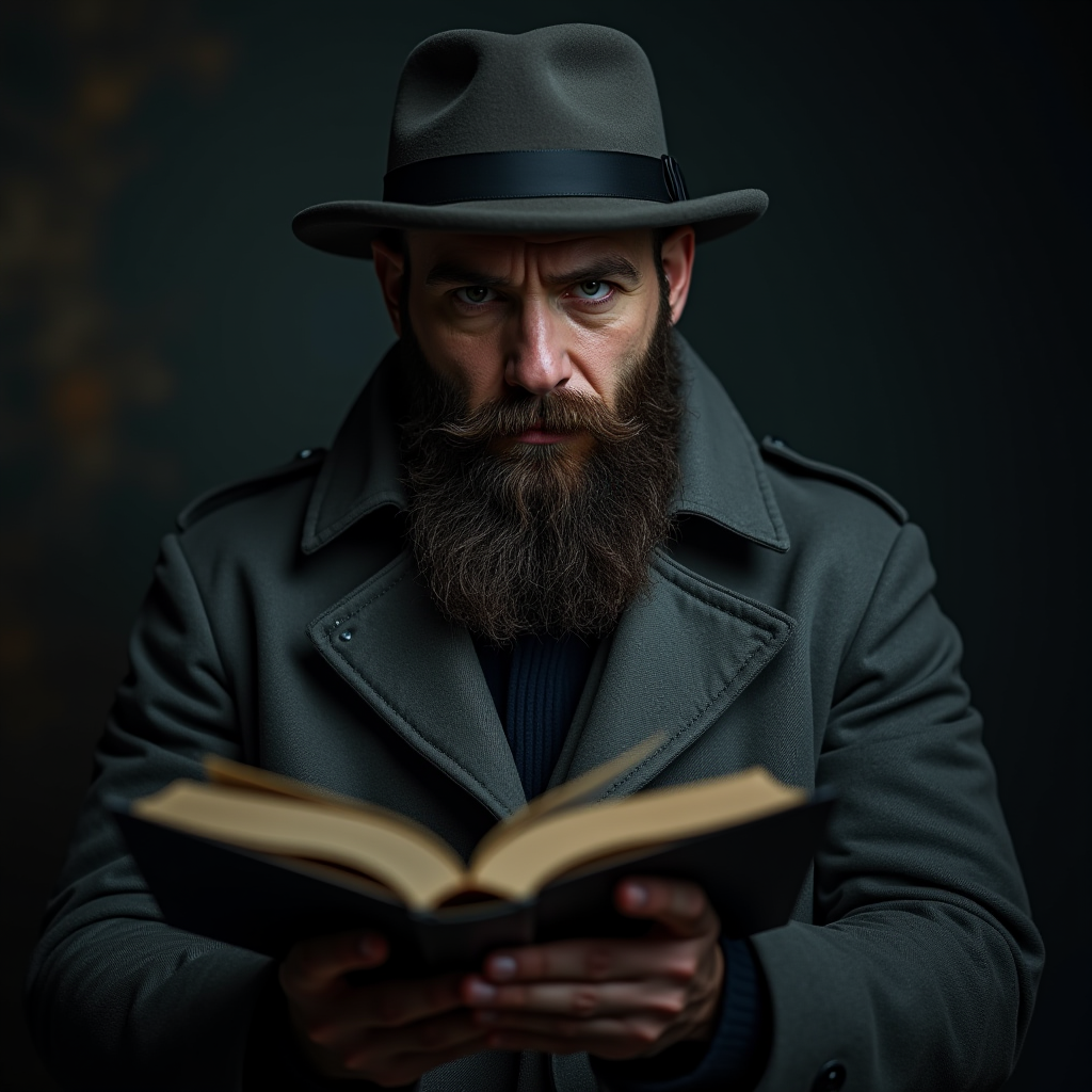 A bearded man in a trench coat and fedora intently reads a book against a dim, moody background.