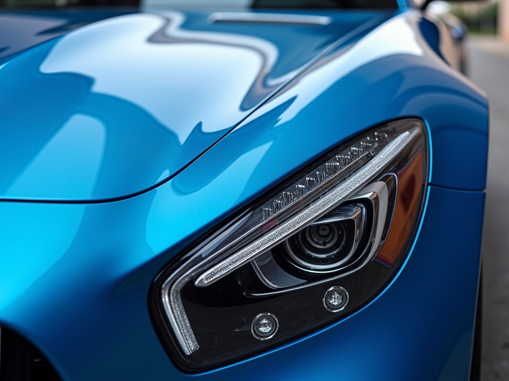 This image showcases a close-up of a futuristic car headlight, set on a striking blue vehicle. The focus is on the intricate design of the headlight, which features multiple LED elements and a modern, streamlined shape. The glossy surface of the car reflects the ambient light, emphasizing the vehicle's sleek and sophisticated appearance.