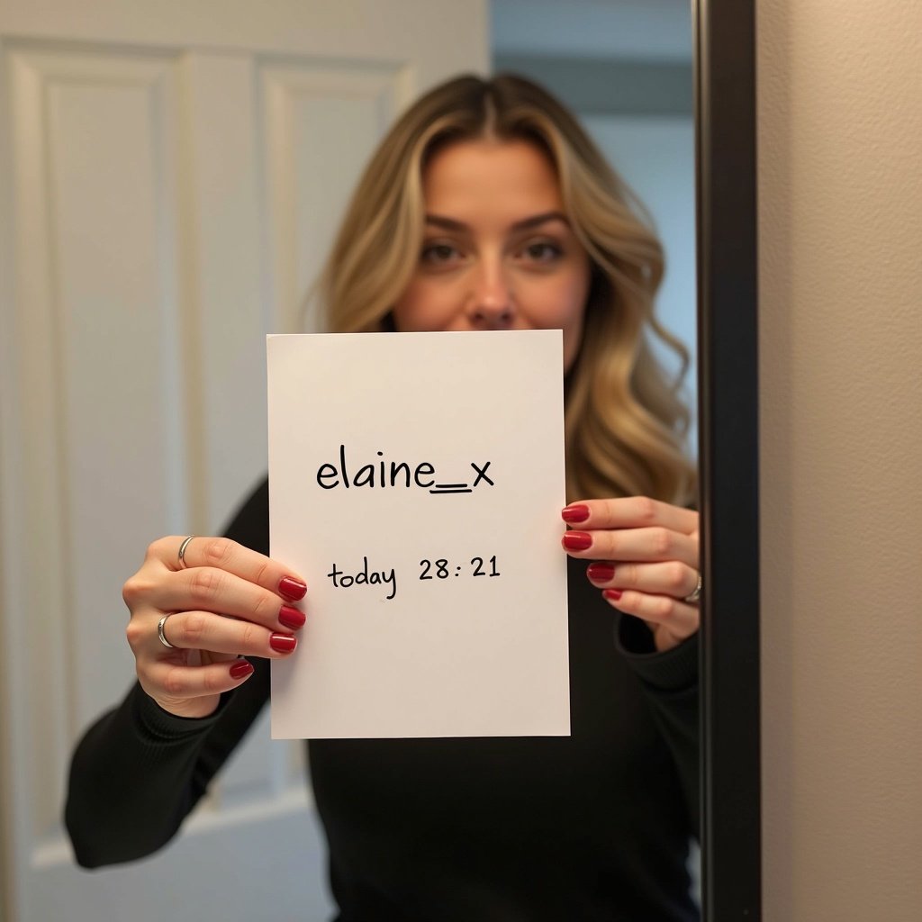 A person holding a piece of paper showing handwritten details. The paper includes the text 'elaine_x' and today's date. The individual's arm and hand are fully visible. The photo is taken in a mirror without filters or edits.