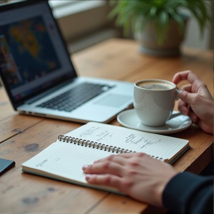 A person is sitting at a wooden table using a notebook and a laptop, with a cup of coffee nearby.