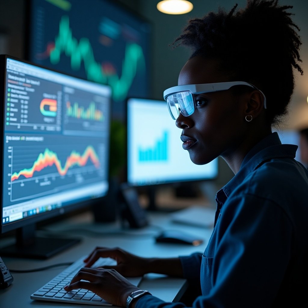 Woman engaged in data analysis as a biostatistician. Working at a computer with multiple screens displaying graphs and statistics. Soft ambient light creates a focused workspace atmosphere.