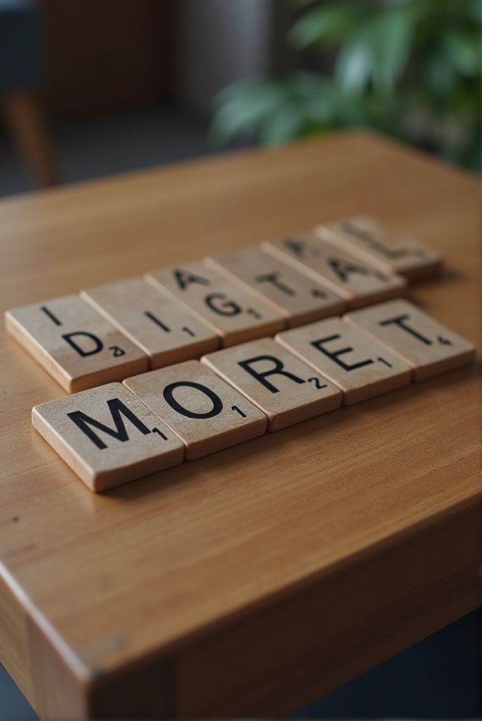 Scrabble tiles spell out the phrase 'A DIGITAL MORET' on a wooden table.