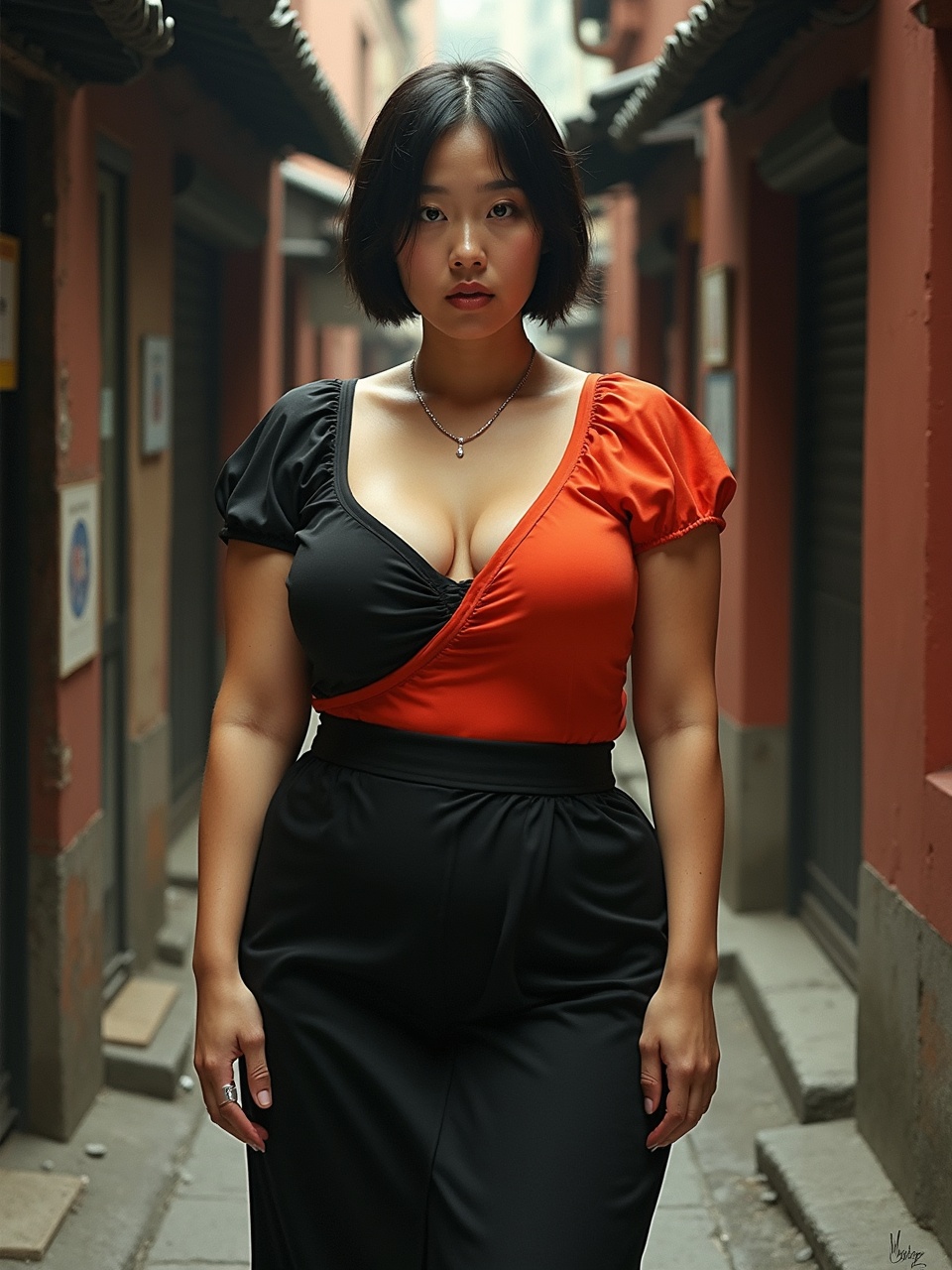 A woman stands confidently in a narrow, traditional alleyway lined with rustic buildings. Wearing a striking two-tone dress, she exudes a calm and composed demeanor. The alleyway's muted tones create a subtle backdrop that emphasizes the vibrancy of her attire.