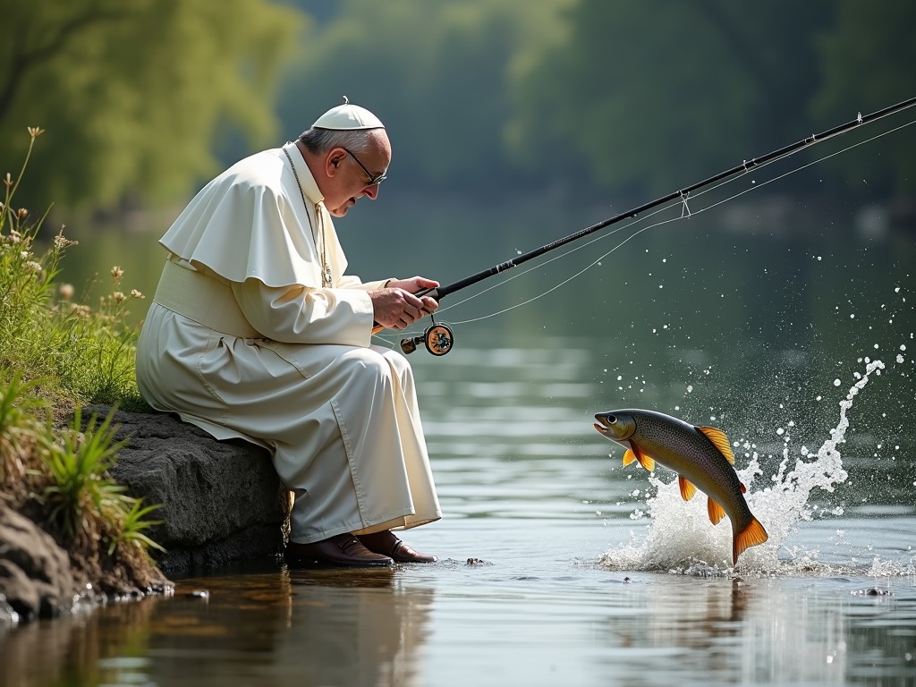 A serene image captures a man dressed in white robes sitting calmly by a riverbank, focused intently on fishing. The scene is dynamic with a fish leaping energetically out of the water, creating a splash. The setting is tranquil with lush greenery blurred softly in the background, conveying a moment of peaceful reflection and connection with nature.