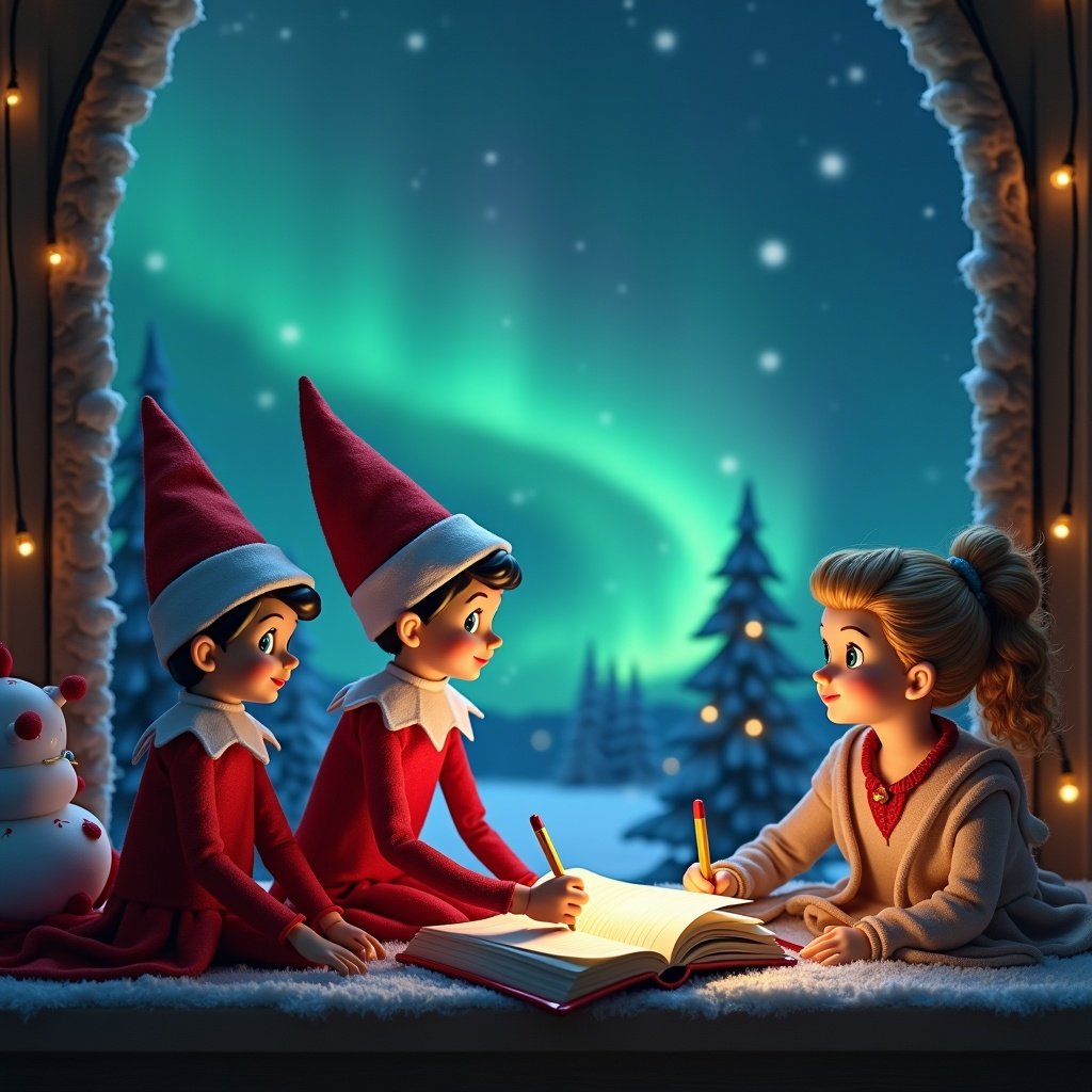 In a cozy indoor setting, two elves in red hats gather around a book with a young girl. They are excitedly writing, illuminated by the soft glow of a warm light. Outside the window, the enchanting Northern Lights dance in the sky, adding a magical touch to the scene. The landscape is covered in snow, with pine trees visible in the background. A cute snowman can be seen nearby, enhancing the festive atmosphere. This imagery captures the spirit of Christmas and the joy of storytelling during the holiday season.