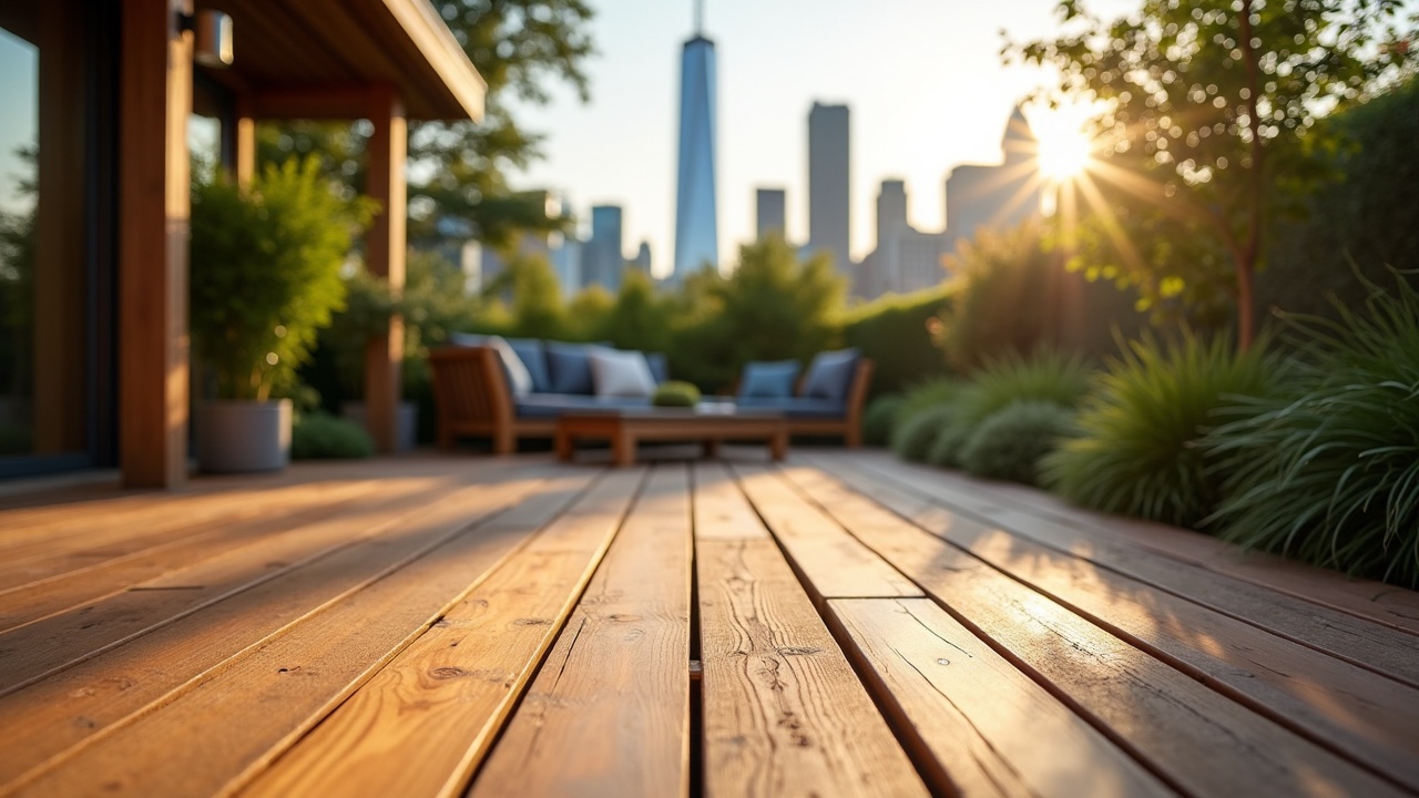 This image captures a tranquil outdoor wooden deck with lush greenery and modern seating, set against a backdrop of a sprawling urban skyline. The golden sunset bathes the scene in a warm glow, highlighting the wood textures and casting long shadows, evoking a sense of peaceful escape in the midst of a bustling city.