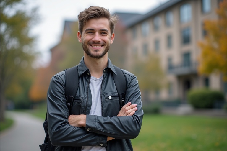 A male student stands outside a university building. He has arms crossed over his chest. The setting is calm and serene with autumn colors. The background includes a blurred building and path.