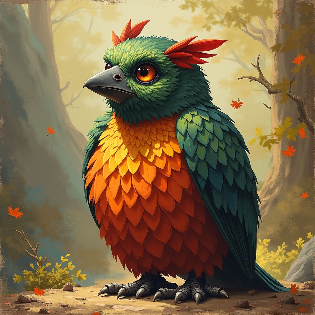 A fantasy creature named Cascabel depicted as a colorful bird. The bird features vibrant orange and green feathers arranged in a scales-like pattern. The setting shows a forest with soft lighting and slightly blurred trees in the background, along with hints of autumn leaves floating in the air.