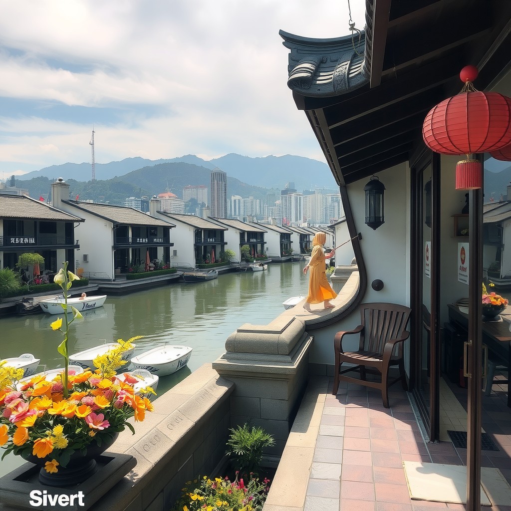 A scenic view of traditional waterside buildings against a backdrop of mountains and city skyline.