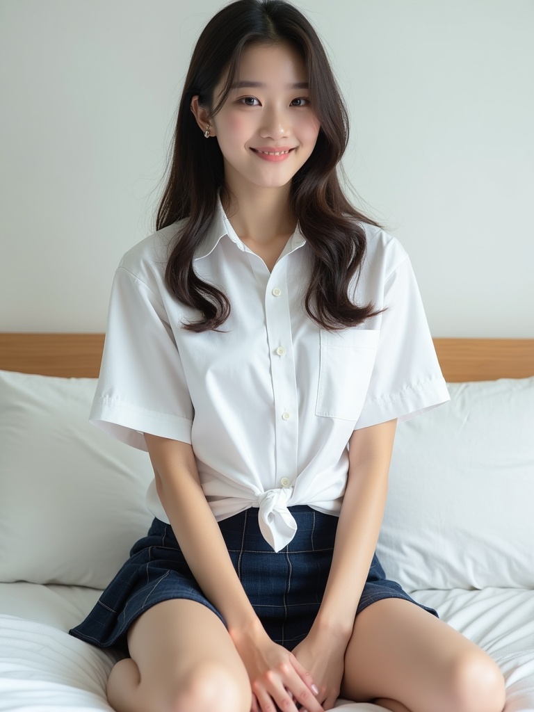 The image features a young woman sitting on a bed, smiling gently at the camera. She is wearing a white button-up shirt tied casually at the front and a dark, checkered skirt. Her long, wavy hair frames her face, adding to the relaxed and friendly ambiance of the scene. The background is minimalistic, with soft lighting that emphasizes a calm and inviting atmosphere.