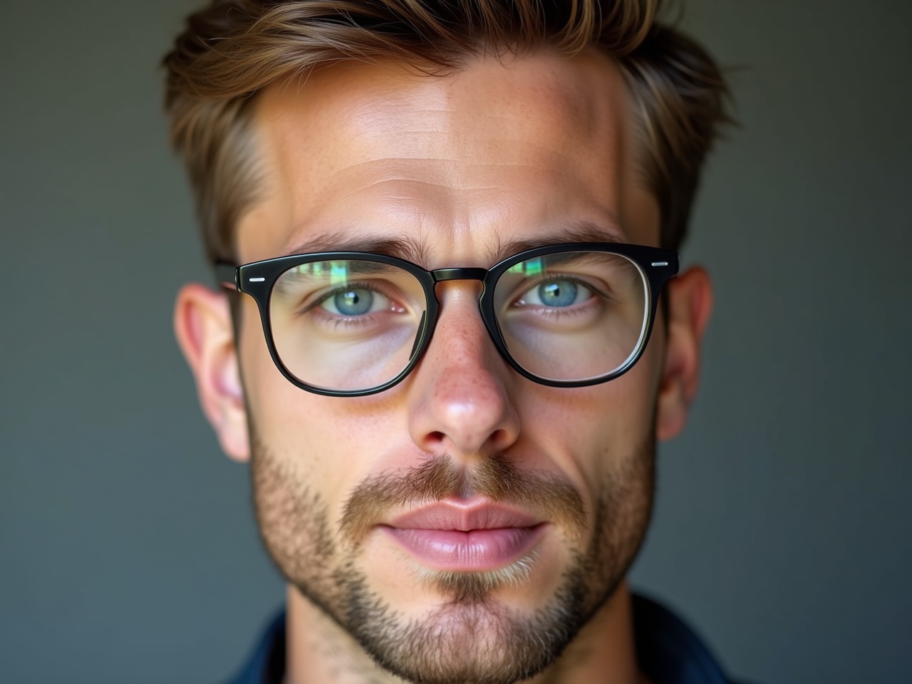 A close-up portrait of a young man with a confident expression. He has short, stylish hair and a well-groomed beard. His striking blue eyes stand out against his fair skin. Add a pair of sleek, modern prescription glasses that complement his face shape and enhance his features. The glasses should have a thin metal frame, with an understated design that projects a trendy yet sophisticated look.