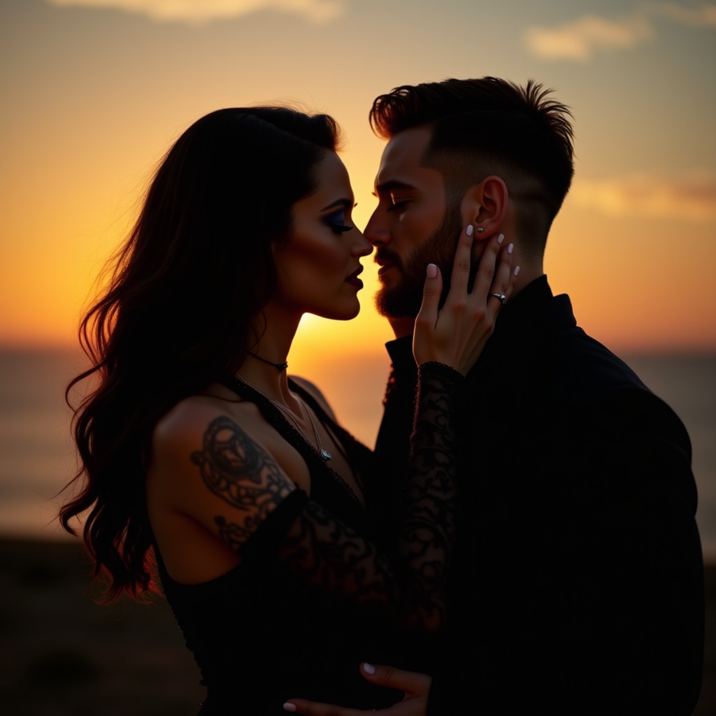 Couple embracing in an intimate gesture. Woman with long hair and makeup. Man with rugged look and short hair. They wear elegant black outfits. Romantic moment at sunset. She touches his face while their lips almost meet.