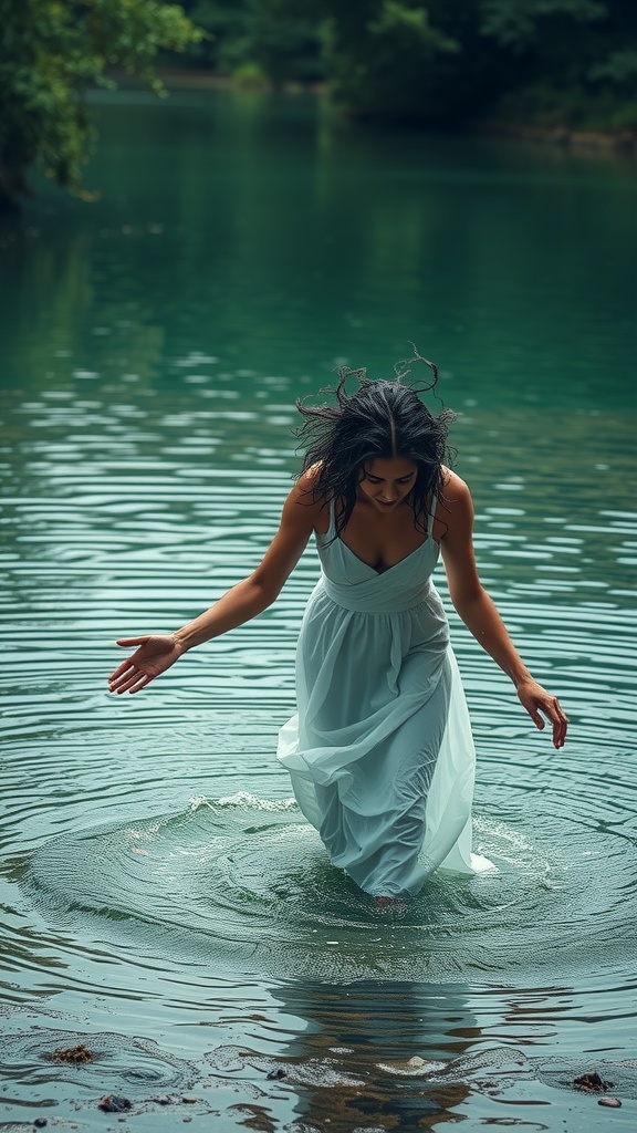 A woman in a flowing white dress gracefully steps into a serene lake, creating ripples in the still water. The lush green backdrop accentuates the tranquil and ethereal mood of the scene. Her slightly windswept hair adds a touch of spontaneity and freedom to the composition.