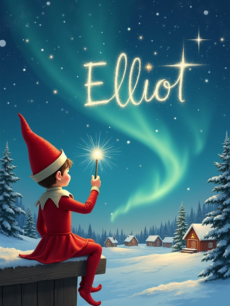 An elf wearing a red outfit sits on a ledge gazing at a magical sky. Elf holds a sparkling wand writing 'Elliot' in the starry sky. The landscape includes charming houses and evergreen trees with Northern Lights.