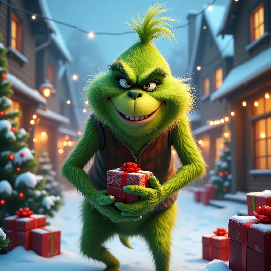 The image showcases the iconic character, the Grinch, in a snowy festive setting. He has a playful, mischievous grin while holding a beautifully wrapped present. Surrounding him are Christmas trees adorned with lights and piles of colorful gifts. The atmosphere is cheerful and whimsical, capturing the essence of holiday cheer. It reflects the character's transformation and the joy of giving during the holiday season.