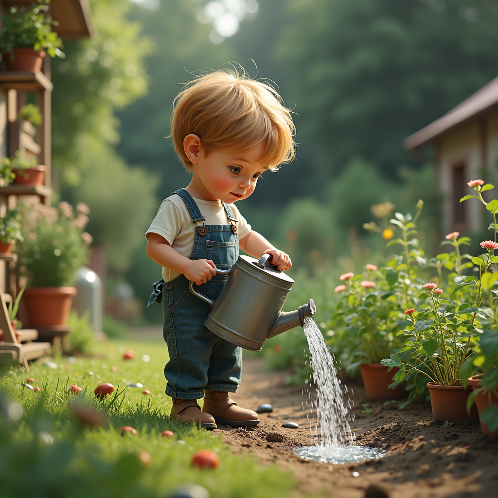 A young child in overalls waters plants with a small watering can in a sunny garden.