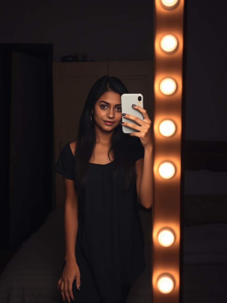 A woman in a black outfit takes a mirror selfie with soft, warm lighting.