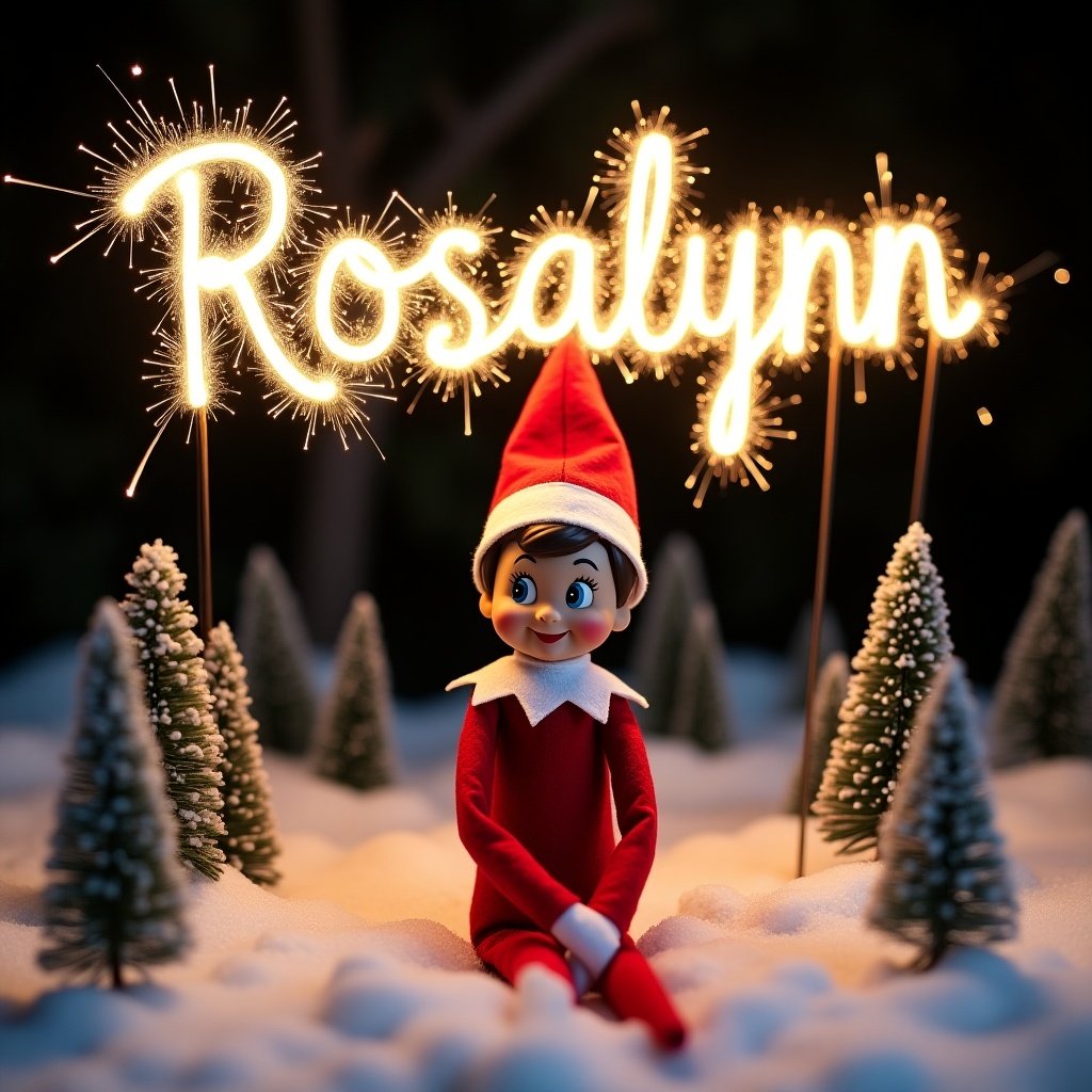 Elf on the Shelf character in a snowy landscape at night. Dressed in red and white outfit. Cheerful and playful expression. Name 'Rosalynn' created with sparklers in the background. Surrounded by small evergreen trees covered in snow. Magical festive atmosphere for the holiday season.