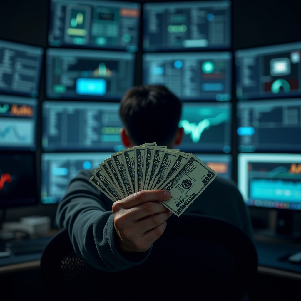 A person holds a fan of dollar bills in front of multiple trading screens displaying stock data.