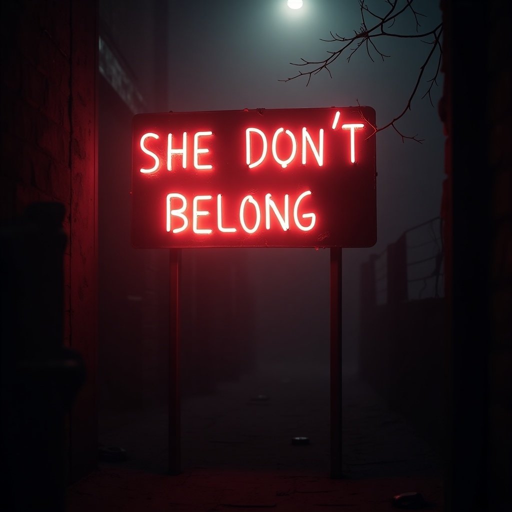 Neon sign in an eerie setting that reads 'She Don't Belong'.