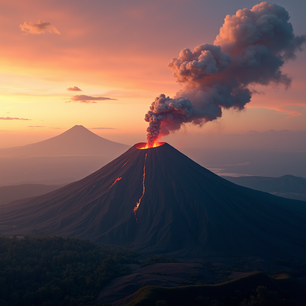 A volcanic eruption at sunset with a plume of smoke and lava flow illuminating the steep slopes of the mountain.