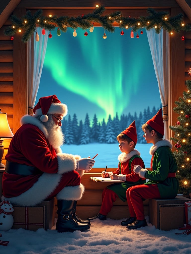 Cozy cabin interior with Santa and two elves by the window. They are engaged in writing notes. The night sky is filled with stunning northern lights. Christmas decorations are present. The ambiance radiates warmth and holiday cheer. Names in the sky are Kaylynn Kynslee Madisyn Maesyn Parker.