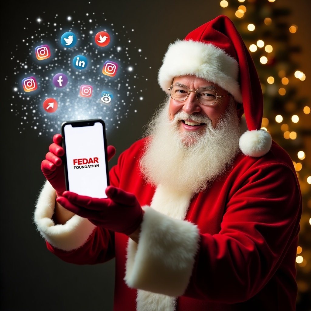 Santa Claus dressed in a red and white suit holding a phone. The phone displays 'FEDAR Foundation'. The atmosphere is warm and inviting. Background features social media icons. The scene has a soft glow from the snow globe. It captures joy and the spirit of holiday celebrations.