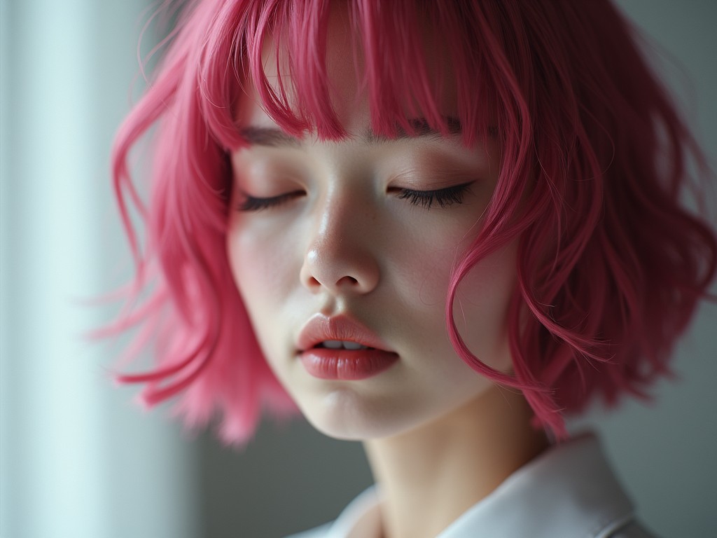 Close-up portrait of a person with pink hair in soft lighting, eyes closed, evoking calmness