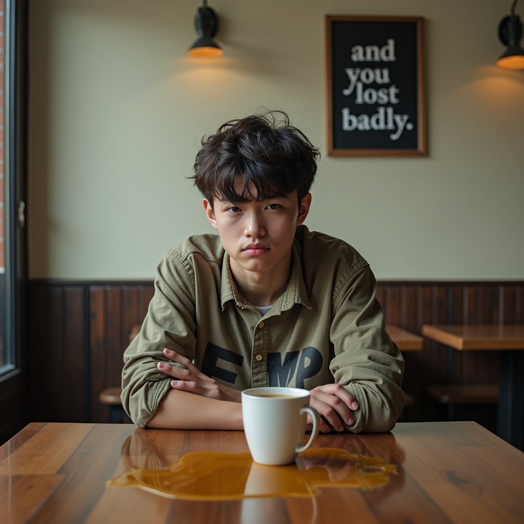 A young man sitting at a cafe table, looking serious. A cup of coffee is on the table, with some coffee spilled. The wall features a minimalistic poster with the words 'and you lost badly.'