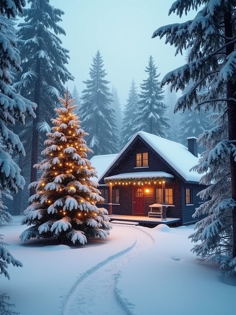 A serene Christmas scene with a cozy cabin surrounded by snow-covered pine trees. A decorated Christmas tree is in front of the cabin. Snow blankets the ground and tree branches. The atmosphere is peaceful and festive.