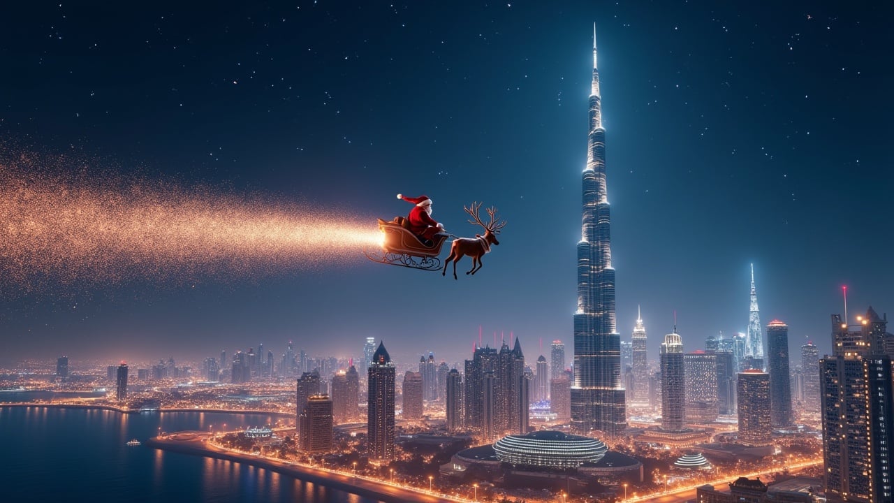 Magical atmosphere shot featuring the Burj Khalifa. Santa Claus flies past on his sleigh, leaving a sparkling trail. The sparkles transform into BIM models of the city's landmarks. Shot using Arriflex Alexa, ultrarealistic.