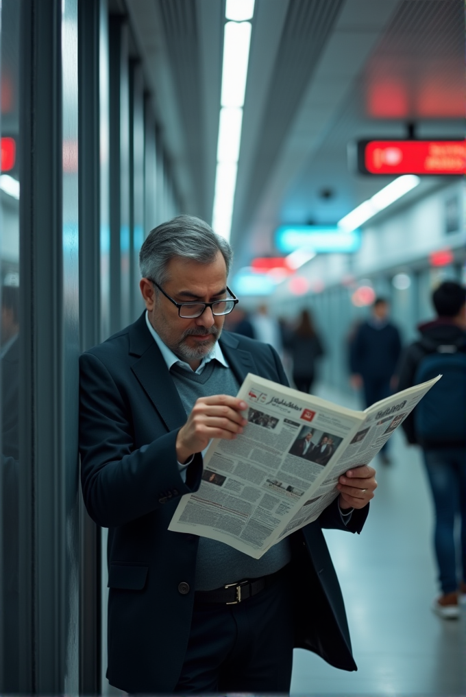 A man in a subway station reads a newspaper, dressed in a suit and glasses, with blurred commuters in the background.