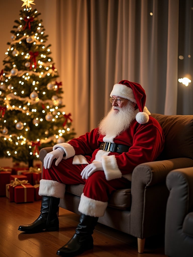 Scene depicts Santa Claus seated in a cozy living room. Christmas tree adorned with lights and decorations stands nearby. Presents are neatly arranged in front of Santa. Warm lighting creates an inviting atmosphere.