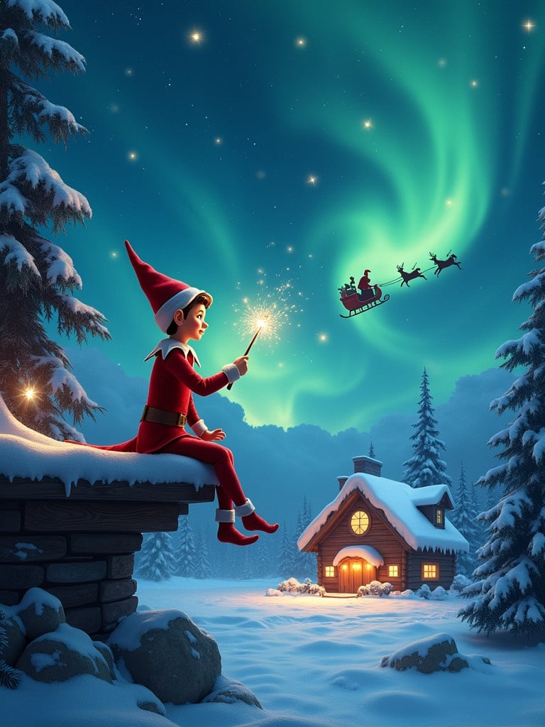 An elf sits on a snowy ledge. The elf looks at the night sky filled with stars and northern lights. He holds a wand writing 'Jaylen' in the air. Behind him, a cozy cabin glows. Santa and his sleigh cross the sky. Scene captures joy of Christmas season.