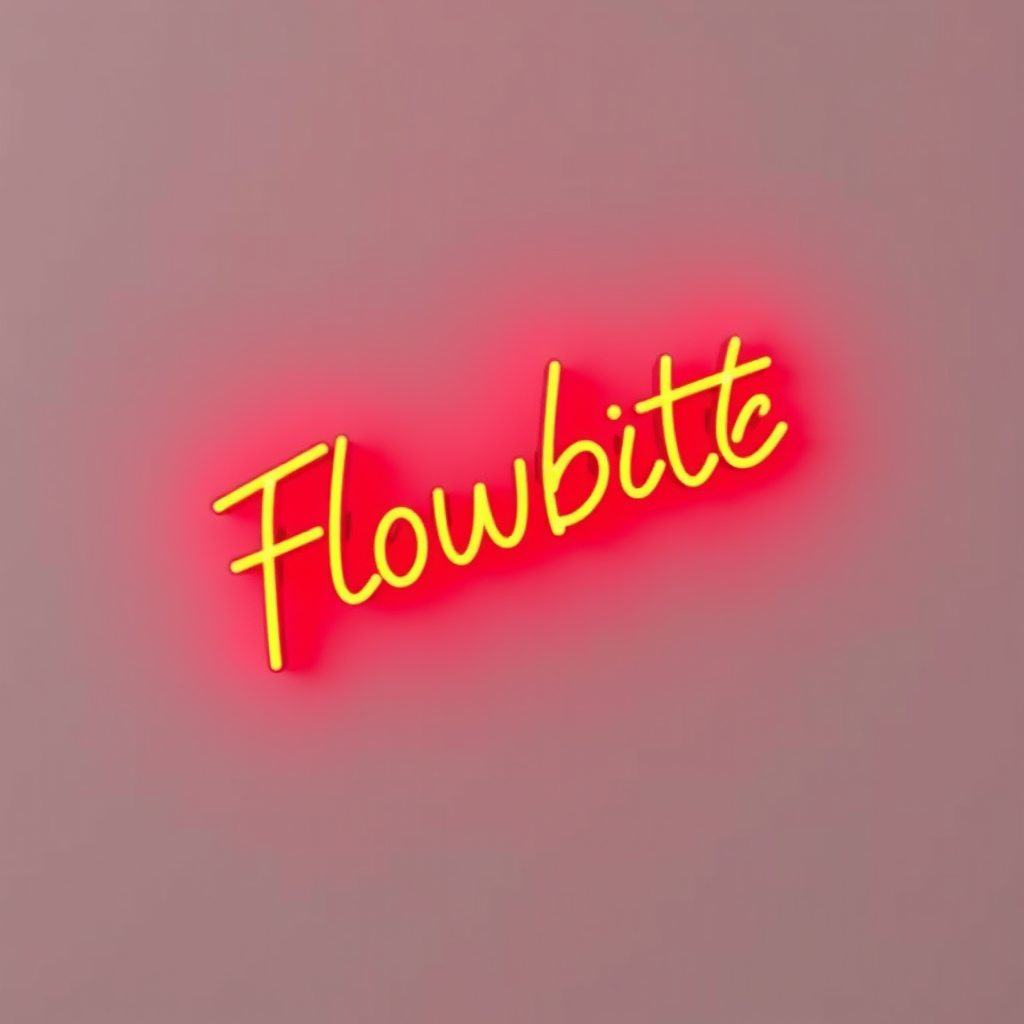 A bright yellow neon sign reads 'Flowbite' against a muted pink background, emitting a warm red glow.