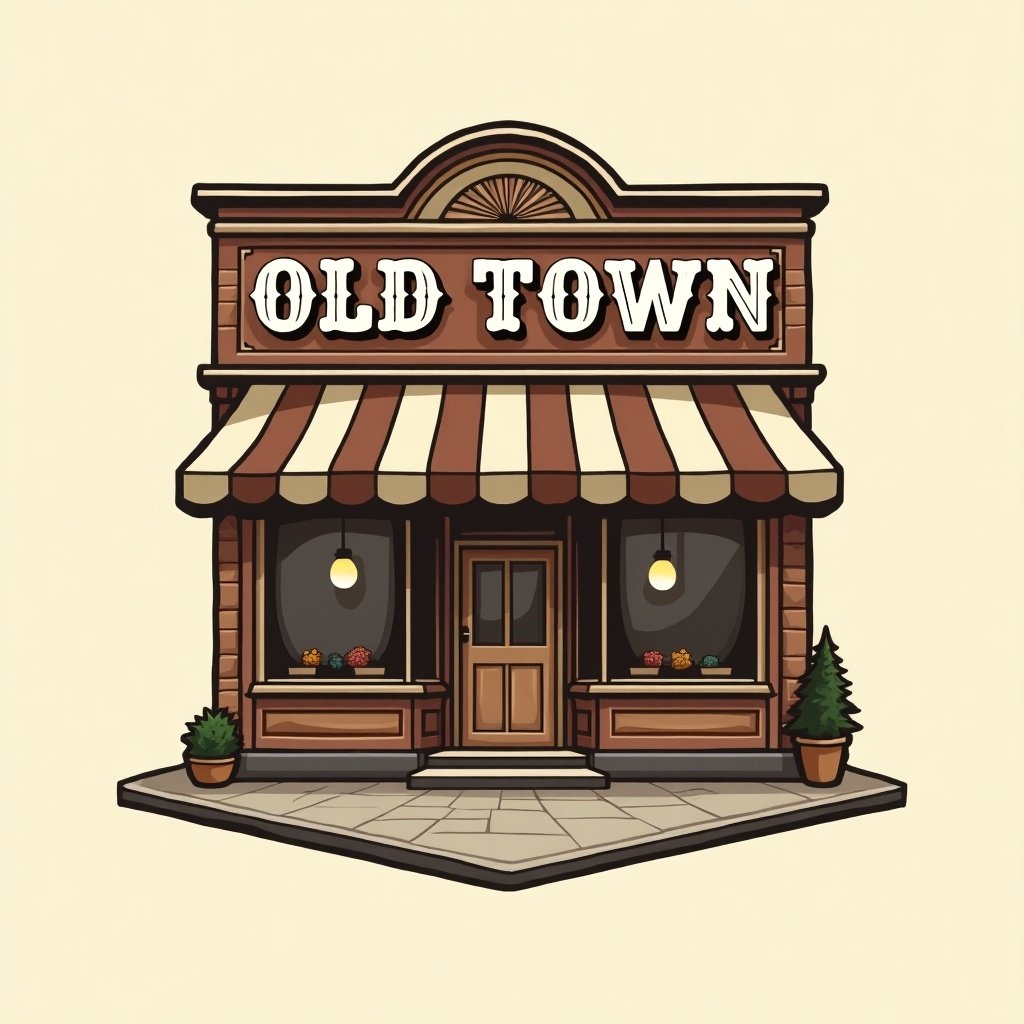 This image features a vintage logo for an 'OLD TOWN' store. The storefront has a warm, inviting appearance with a brown façade and classic striped awning. The store name 'OLD TOWN' is prominently displayed in bold letters. Soft lighting can be seen through the windows, creating a welcoming atmosphere. Potted plants add a charming detail to the entrance, enhancing the overall aesthetic of a quaint local shop.