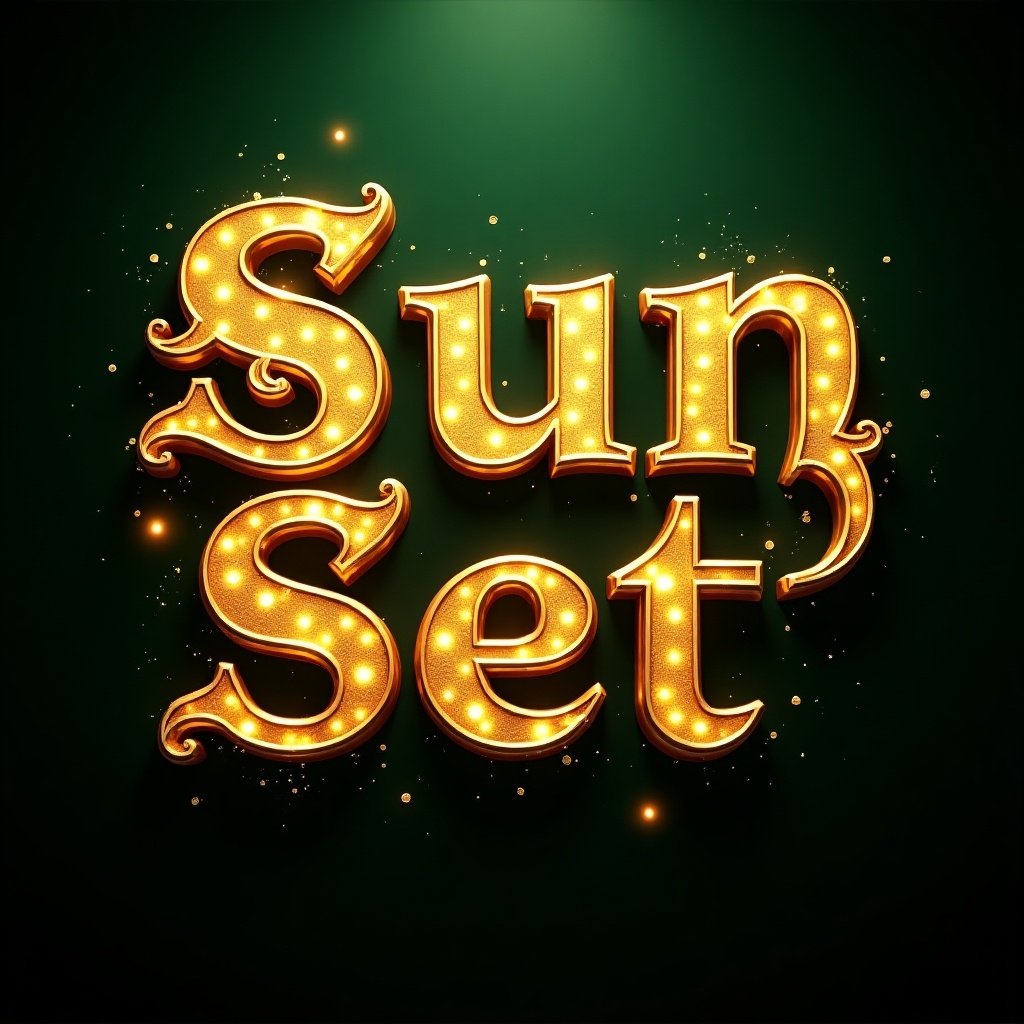 A decorative golden text saying 'Sun Set'. Dark green background with glowing particle effects. Rich embellishments on letters.