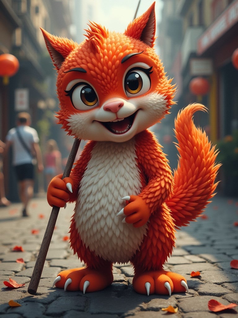 Friendly orange cartoon character stands on a cobblestone street holding a stick. Background features blurred figures and festive decorations. Character has big expressive eyes and fluffy fur.