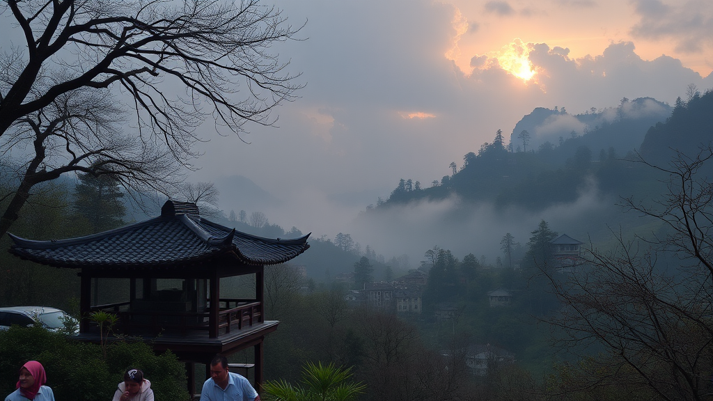 A serene sunrise over misty mountains, with a traditional pavilion and silhouetted trees in the foreground.