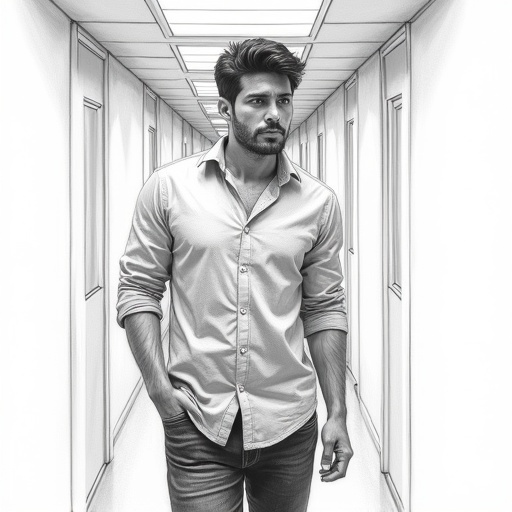 A hyper-realistic pencil sketch of a man in a corridor. The man wears a light blue shirt and dark jeans. He stops to breathe deeply. The scene evokes feelings of exhaustion and resolve. Perspective is over-the-shoulder showing focus on the corridor ahead. Monochrome tones with high contrast.