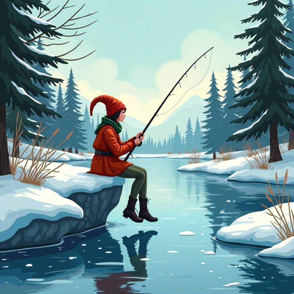 An illustration featuring an elf ice fishing in a serene winter landscape. The setting has snow-covered trees and a calm river.