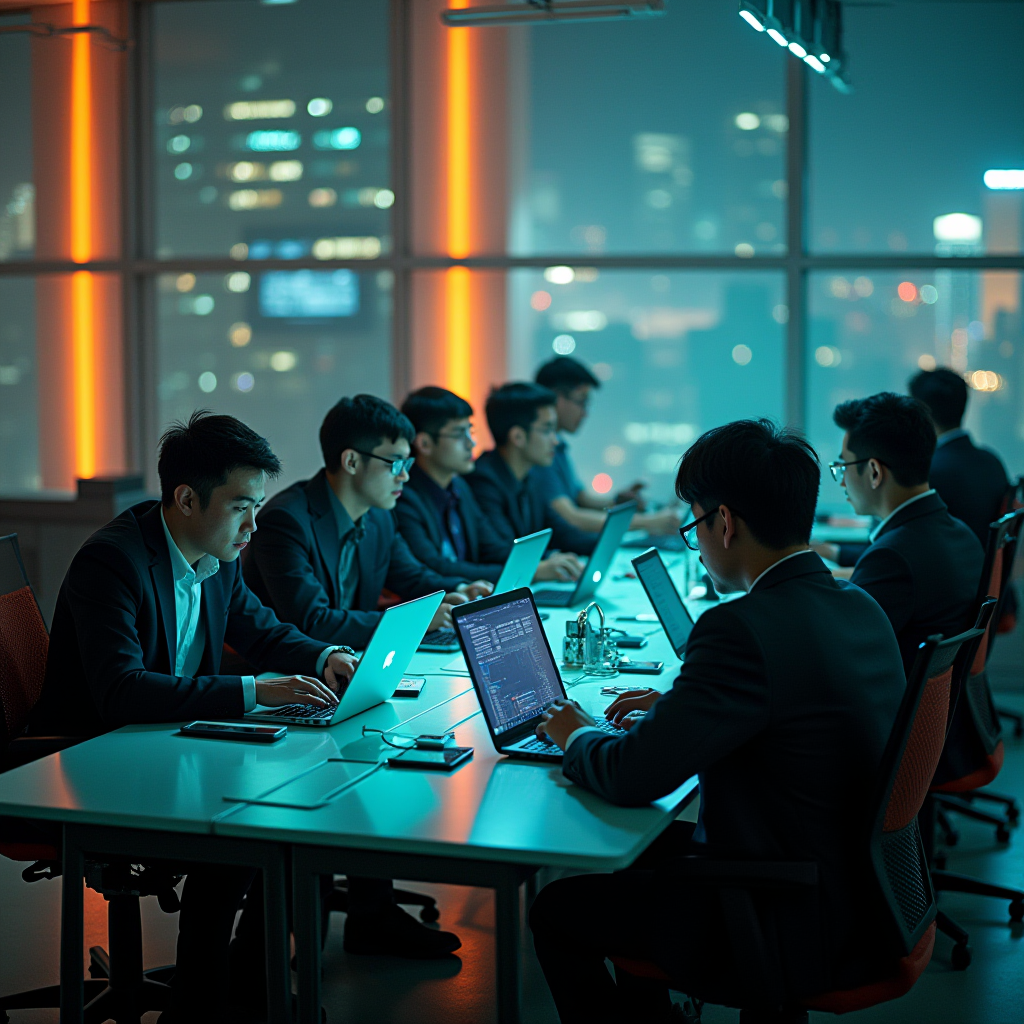 A group of people working on laptops in an office at night with a city skyline visible through the window.