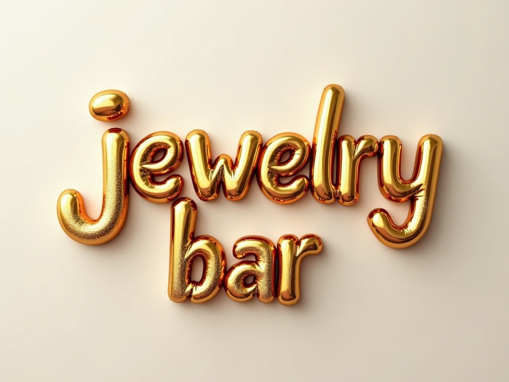 The image features the phrase 'jewelry bar' styled in playful, balloon-like letters. The letters are glossy gold, catching light in a way that creates a shiny, luxurious appearance. The background is a soft beige, providing a contrasting yet subtle backdrop to the golden text. This design evokes a sense of elegance and fun, perfect for a jewelry-related theme. The 3D effect of the letters adds depth and visual interest, making the text stand out and inviting.