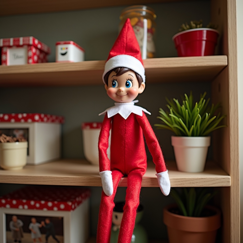 The image features a charming Elf on the Shelf nestled on a wooden shelf. The Elf is dressed in a bright red suit with white accents and a cheerful expression, embodying the festive spirit of Christmas. Surrounding the Elf are decorative items, including pots and boxes that complement the holiday theme. Soft lighting adds warmth and joy to the scene, making it suitable for family settings during the festive season. This delightful arrangement captures the magic of Christmas traditions in a cozy home environment.