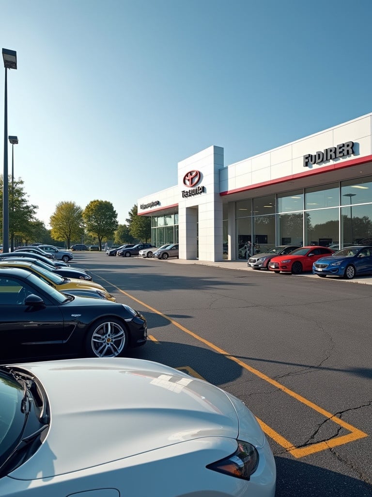 Car dealership exterior with a variety of vehicles displayed. Clear blue sky and modern architecture visible. Cars lined up outside the dealership.