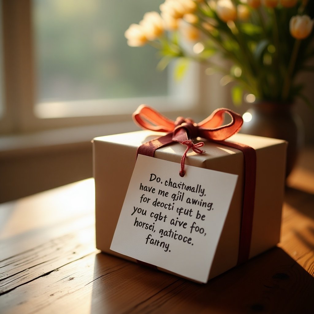 A beautifully wrapped gift box sits on a wooden table. A card attached has a handwritten message about appreciation and love. Soft natural light enters the room, creating a warm atmosphere. A vase with flowers is in the background.