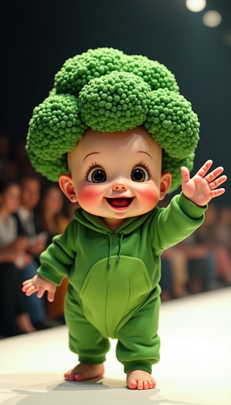 Digital artwork of a cute chubby baby in a broccoli-inspired costume with a green-textured headpiece. The baby stands on a fashion catwalk, waving with a bright smile. The background features a blurry audience. The image is colorful and detailed.