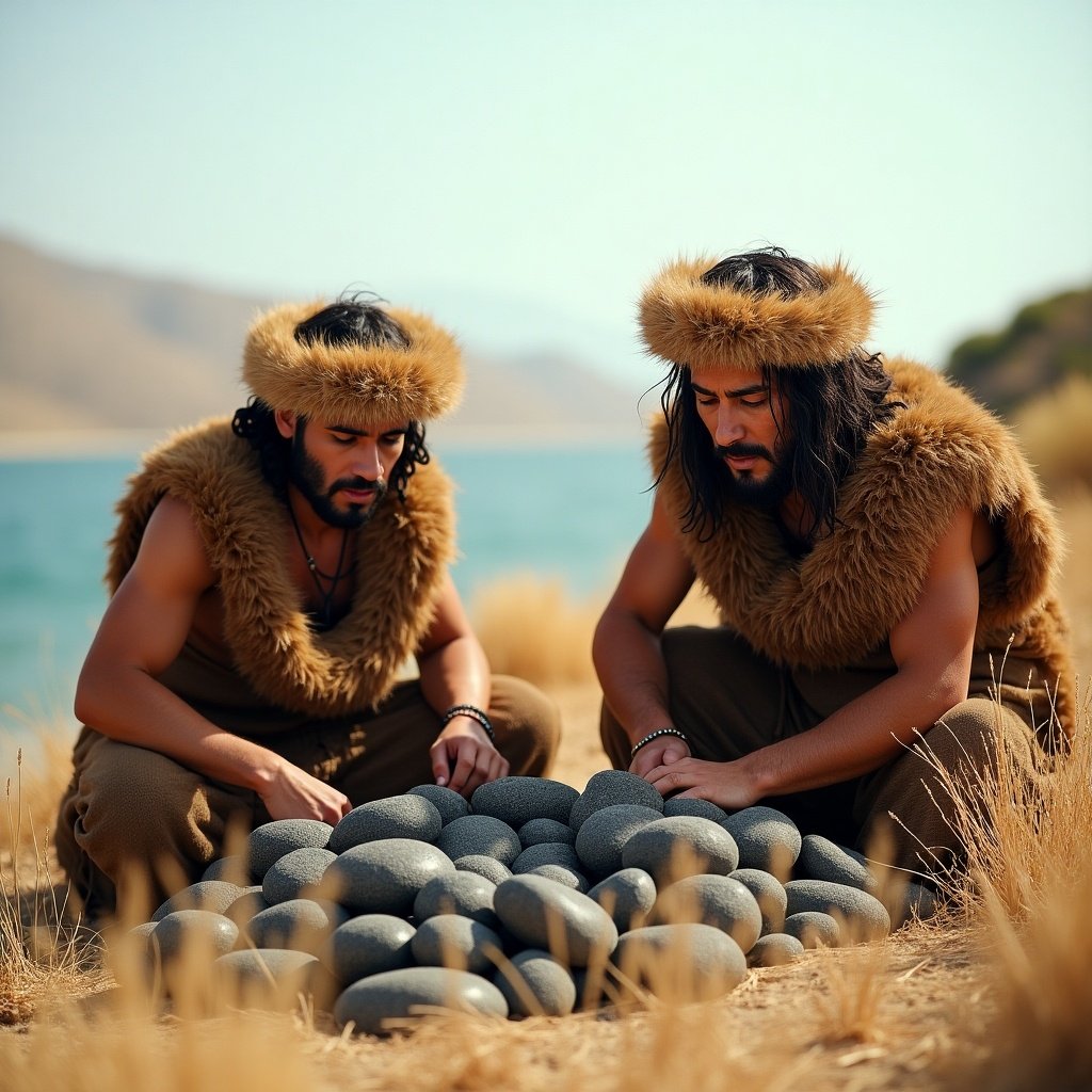 The image depicts two Berber men dressed in animal skin clothing, focused on exchanging goods. They are surrounded by a collection of basalt stones, representative of the trade in their coastal habitat. The scene is set near a calm body of water, with mountainous terrain in the background. The golden grasses and natural lighting add to the historical ambiance of the environment. This representation illustrates the interaction between land and sea, showcasing the exchange of agricultural goods for seafood.